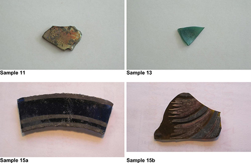 photo: Figure 1: Photographs of the four colored glass samples (named: Sample 11, 13, 15a and 15b) investigated in this study on glasses from the Cathedral of Paderborn, Germany.