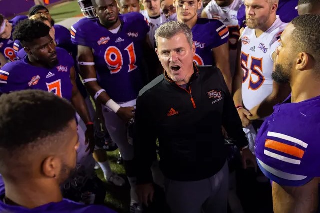 Northwestern State University Football Coach Brad Laird with the team.