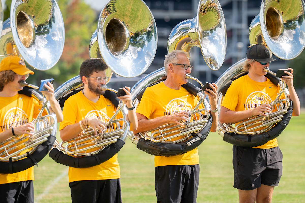 Kent Broussard practices with the band
