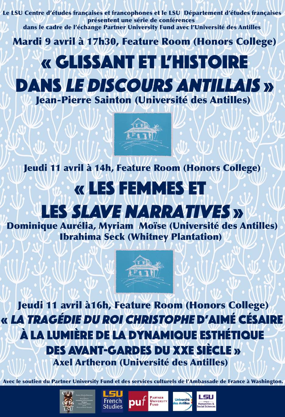 Poster announcing three lectures on April 9th and April 11th 2019, by professors from the Université des Antilles