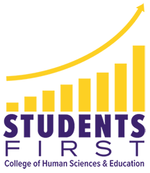 Students First with an arrow rising above gold columns