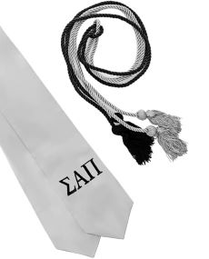 Silver Stole with Alphi Pi letters and a silver and black cord set.
