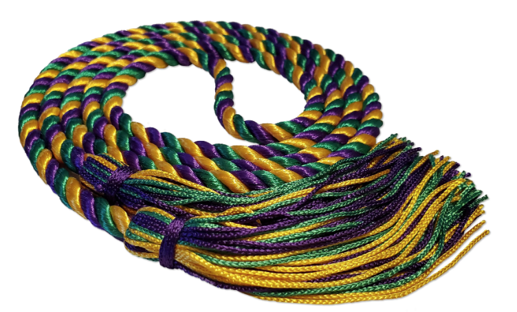 green, purple, and gold braided cords