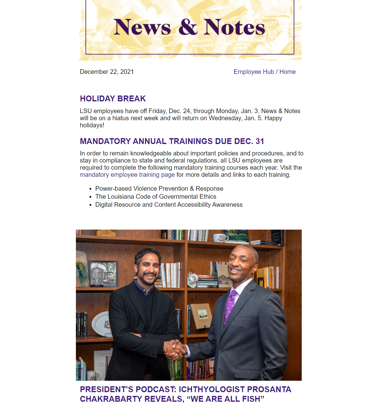 screenshot of LSU News and Notes newsletter