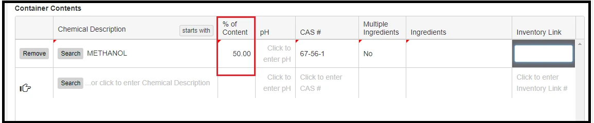 On the Container Contents page, the % of Content heading and value is highlighted.