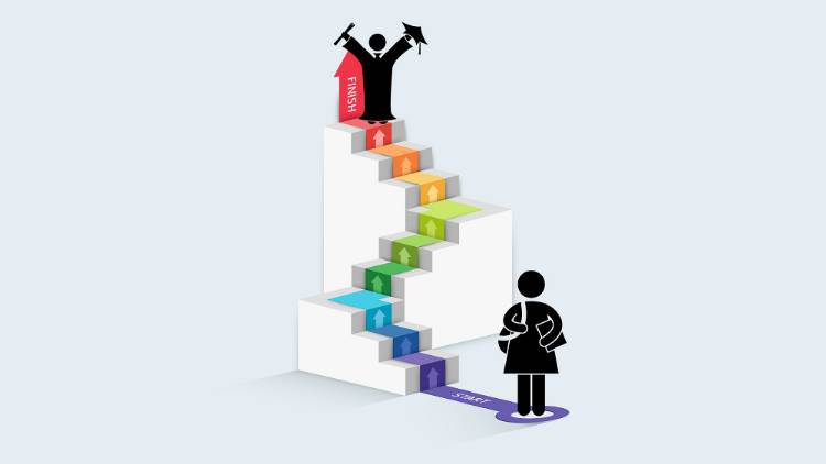 colorful graphic of stairs and a person