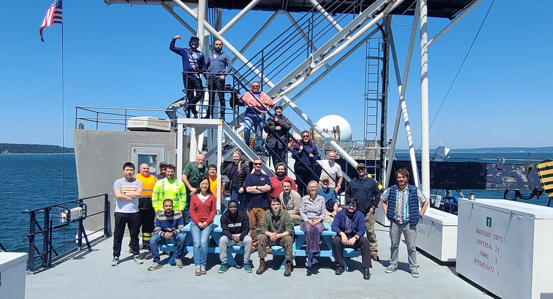 Researchers aboard the ship collecting data at sea.