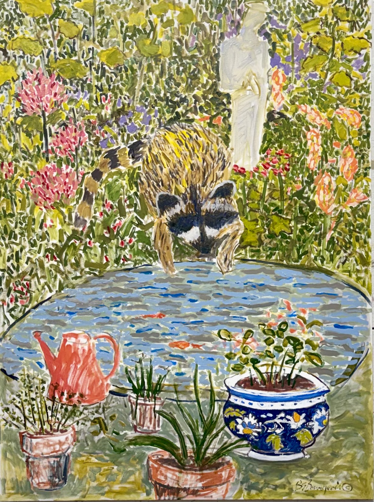 Garden Rascal with St. Francis, oil painting of a racoon putting its hands in a pond in a yard by a statue of St. Francis